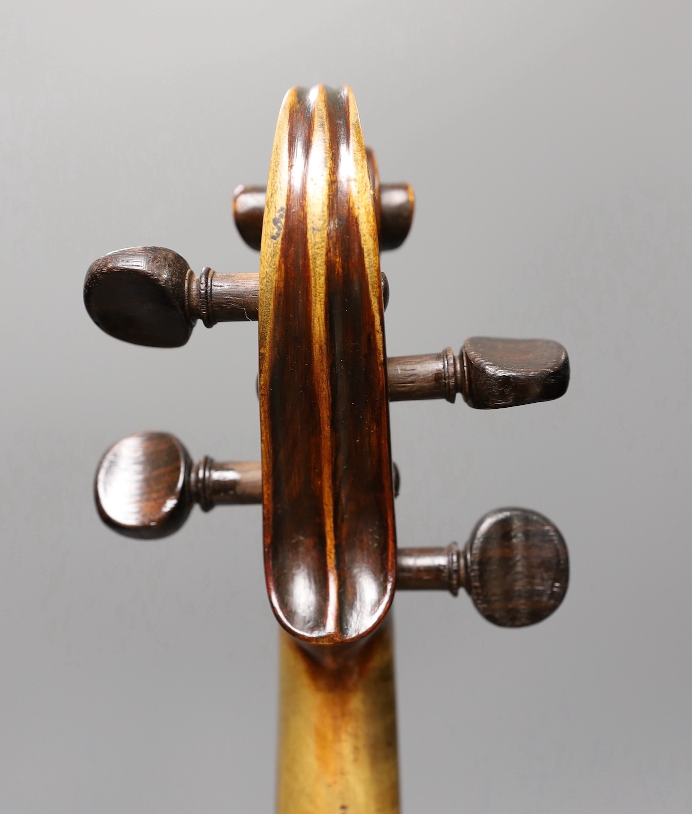 A violin labelled 'Albani Palermo', cased, length of back 35.5cm